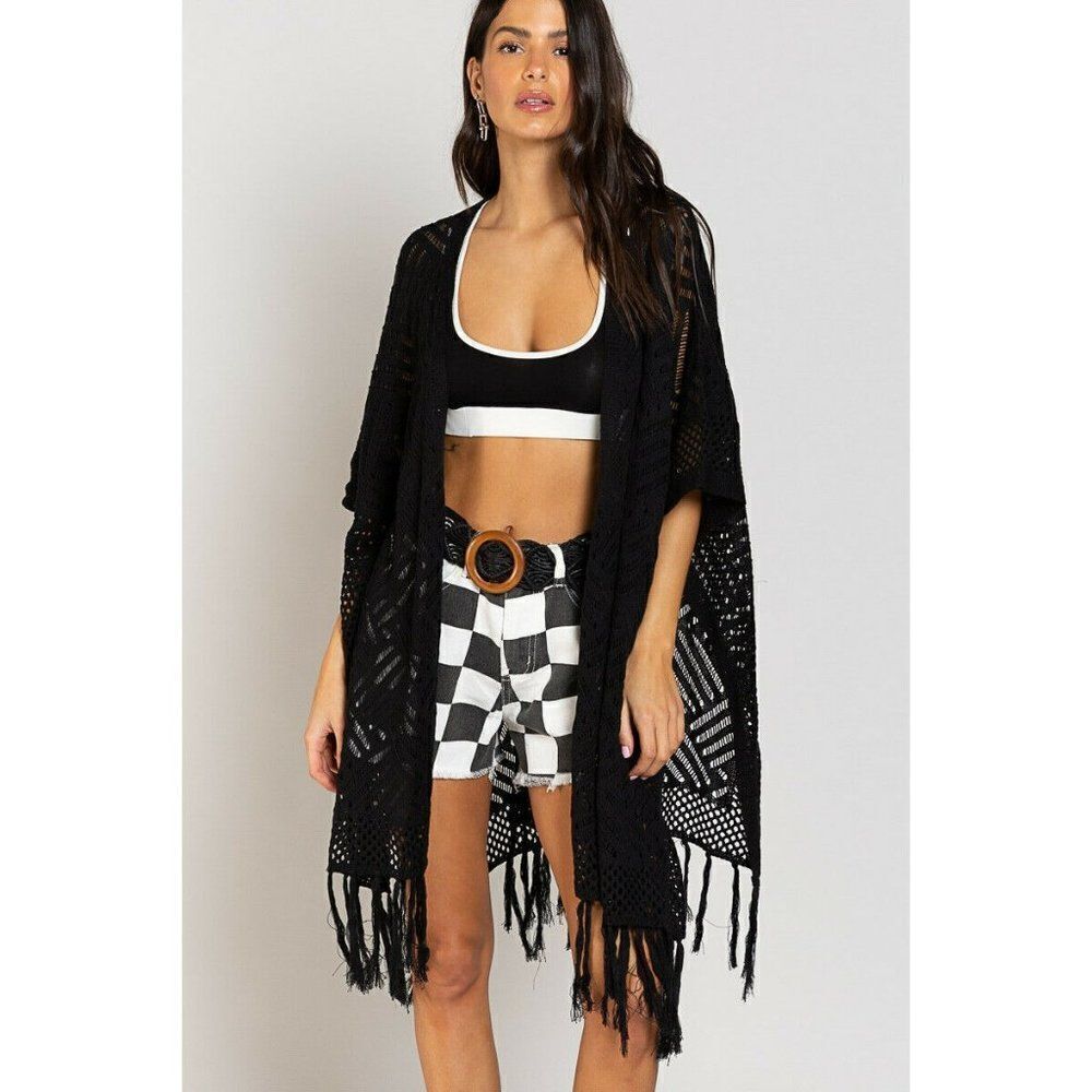 SALE! POL CLOTHING USA Black Kimono Knit Sweater Beach Coverup Spring Summer